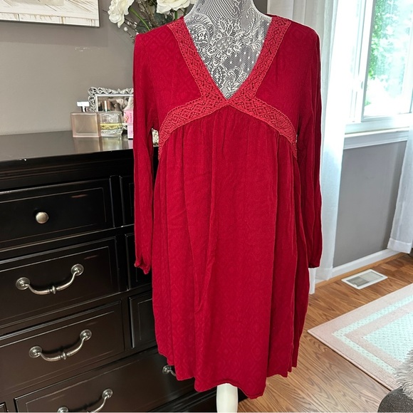 Suzanne Betro Boho Lace Trim Dress Red Textured Long Sleeve Size Large - Picture 2 of 15